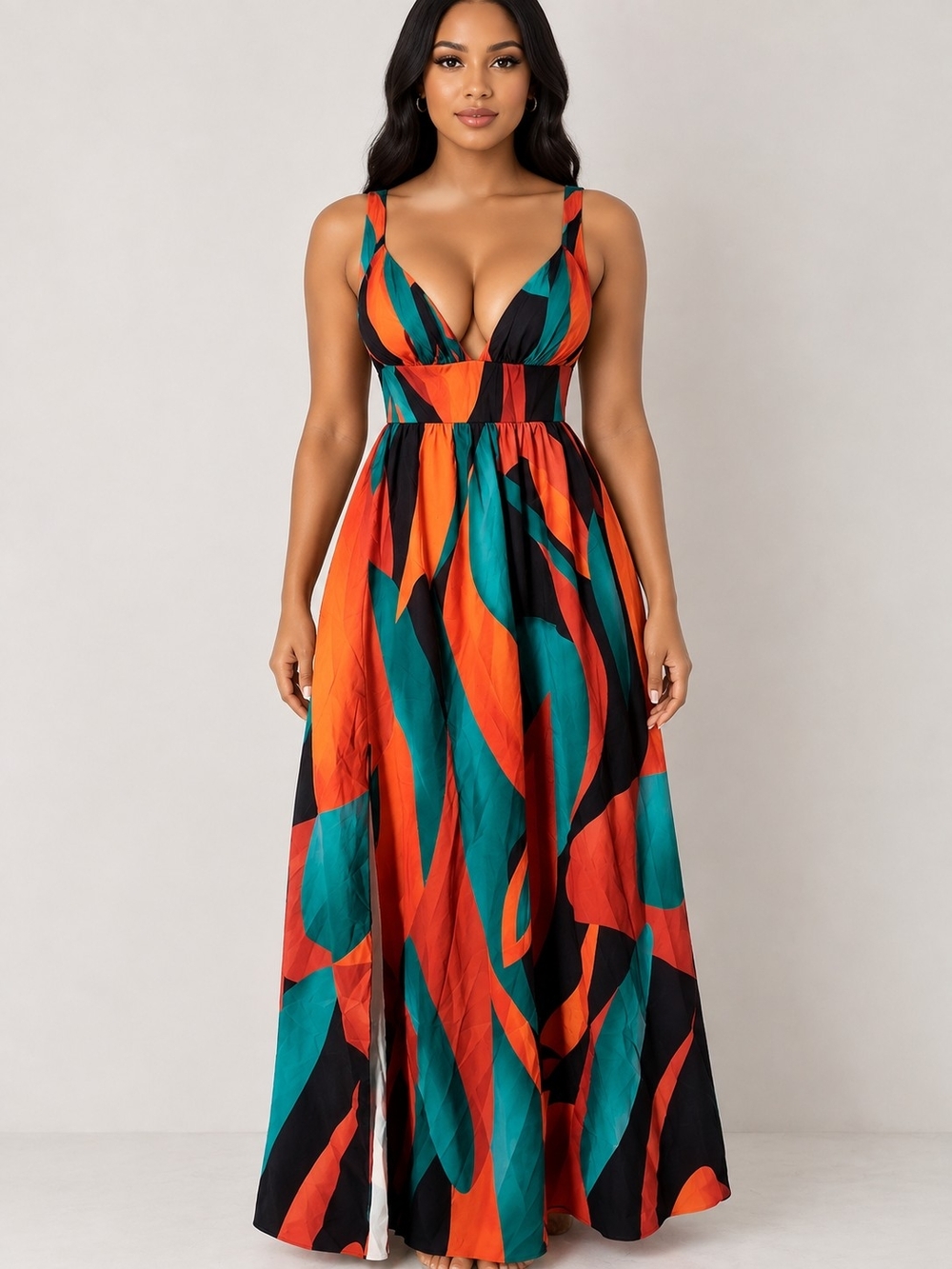 Abstract Teal & Orange V-Neck Maxi Dress - Women